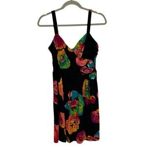 Tiana B Strappy Shift Dress size large Black Colorful Floral Slinky Knit v neck